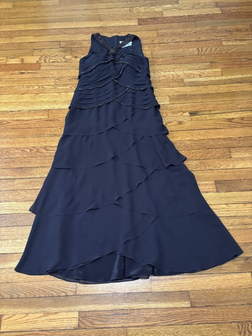 Daymor Couture Womens Dress Size 10 Brown Layered Beaded Long Maxi Gown